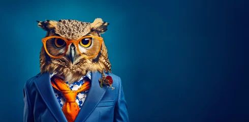 Cercles muraux Dessins animés de hibou Cool looking owl bird wearing funky fashion dress - jacket, shirt, tie, glasses. Wide banner with space for text at side. Stylish animal posing. Generative AI