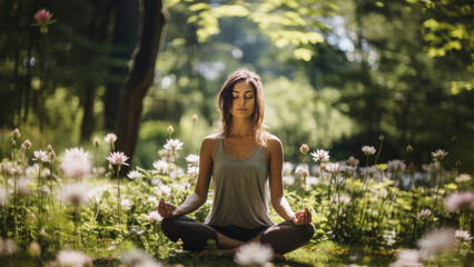 A young woman engaging in a revitalizing yoga session amidst the breathtaking beauty of a blooming park in springtime.