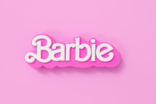 LONDON, UK - July 2023: Barbie doll logo. Barbie is a fashion doll made by Mattel. 3D Rendering