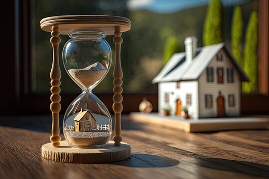 Hourglass and house. Mortgage rates and loan concept. Temporary rental housing. Real estate. Time to pay taxes, taxation. Generative ai