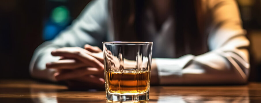 Drinking or alcohol abuse problem. Anonymous woman sitting at desk with alcoholic drink, focus on glass with liquor in foreground. Generative AI