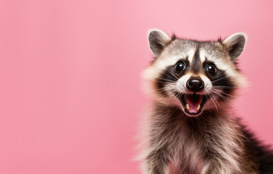 Cute racoon with crazy smiling expression. Wide banner copy space on side. Generative AI