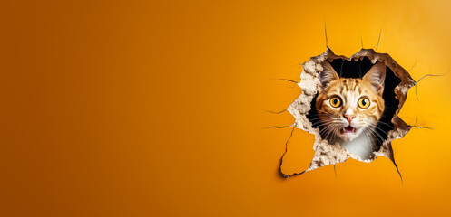 Cat with shocked surprised expression peeking through hole in cracked wall hole. Wide banner with copy space on side. Generative AI - obrazy, fototapety, plakaty