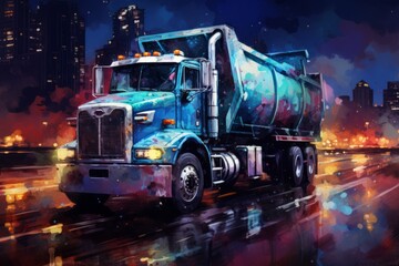 Garbage Truck Illustration, Neon Lighting