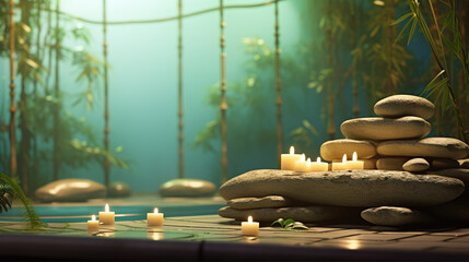 spa still life - candles and stones with bamboo