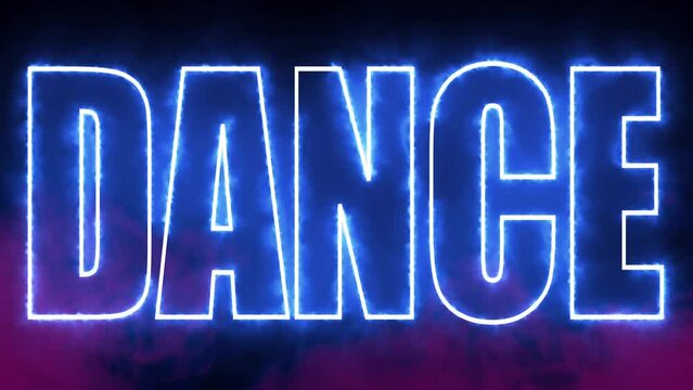 Dance text font with light. Luminous and shimmering haze inside the letters of the text Dance. 3D Animation.