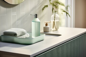 Obraz na płótnie Canvas A bathroom sink with a soap dispenser and a towel.