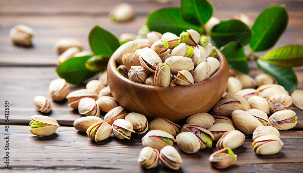 Wall mural pistachios nuts on wooden table. pistachio in wooden bowl in background with green leaves. - Wall murals