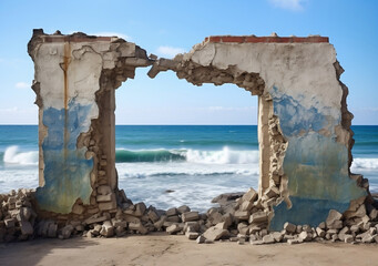 view of the sea through hole in wall