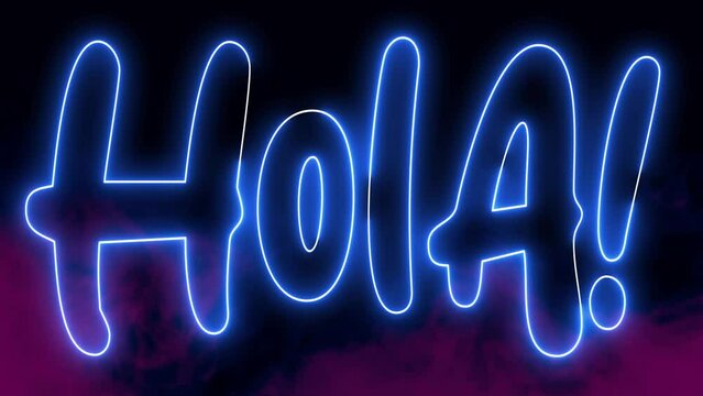 Hola text font with neon light. Luminous and shimmering haze inside the letters of the text Hola. Hola neon sign.
