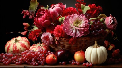 Obraz na płótnie Canvas A basket of flowers and fruit on a table. Autumn, Thanksgiving decor.
