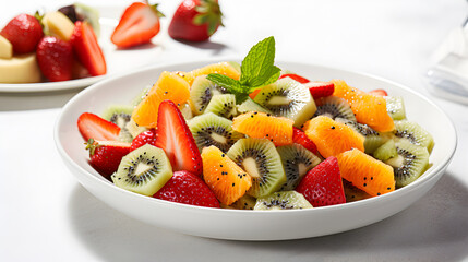 Fresh organic fruit salad with chia seeds on a white table. Generative AI