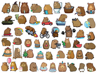 Capybara on a holiday, on vacation, at home, on transport, on a rocket, in space, with plants, a lot of vector drawings set.




