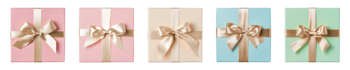 Pastel color gift box with gold ribbon on transparent background. Generative AI