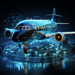 Hologram plane in blue colour flight logictics air transportation plan