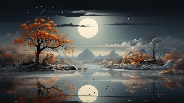 A painting of a lake with a full moon in the background.