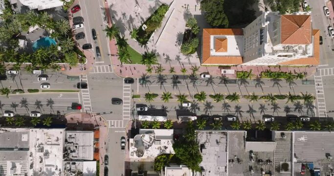 Aerial top down view of street in South Beach, Miami