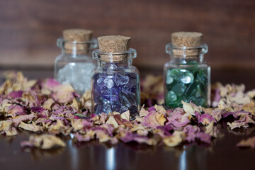 Witchy healing crystal bottles, miniature glass vials apothecary set