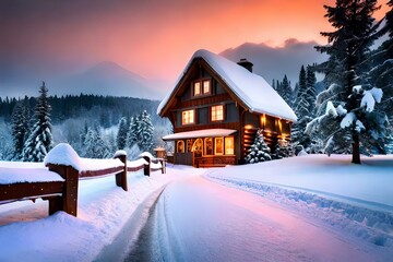 winter landscape with house generated with AI technology