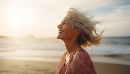 Fototapeta na wymiar Smiling mature woman at the beach, natural lifestyle, enjoying the sunny weather