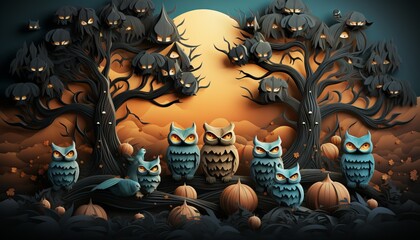 3D illustration of Halloween theme banner with group of Jack O Lantern pumpkin and paper graphic style of spooky tree and owl on background