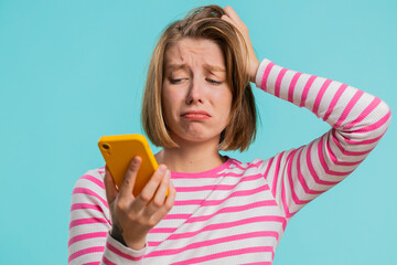 Woman use mobile phone smartphone typing browsing, loses becoming surprised sudden lottery results,...