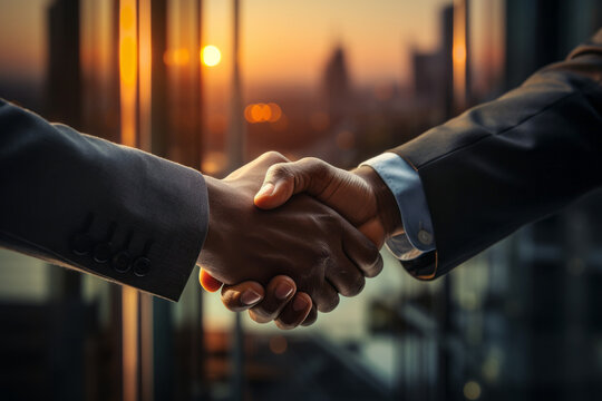 Businessman handshake on workplace background at sunset. Partnership, successful deal, agreement, business contract concept.