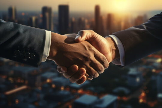 Businessman handshake on skyscraper background at sunset. Partnership, successful deal, agreement, business contract concept.