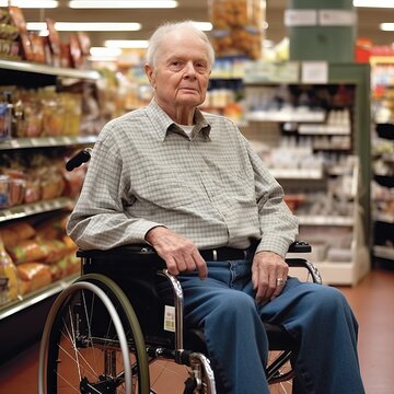 A Disabled Person In A Wheelchair Out Shopping, Generative AI. 