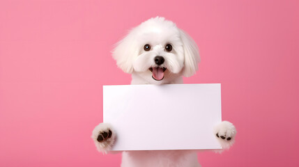A maltese dog holding a white blank paper or placard, isolated on transparent background
