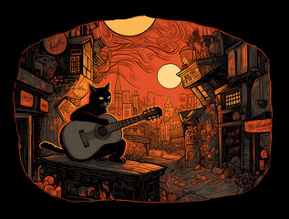 Lonely black cat strumming on a classical guitar in orange, Halloween theme generative AI illustration.