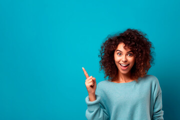 Amazing lady indicating finger on empty discount banner. People, advertisement concept. Generative ai