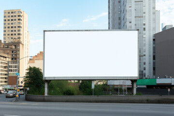 Obraz premium Eye-catching Blank Billboard Mockup in Urban Cityscape: Perfect for Advertising Campaigns, Empty Large Rectangle Board Template. Generative AI