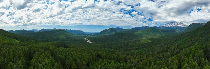 Panoramic view of Nisqually River flowing from Mt. Rainier through the valley towards Puget Sound.