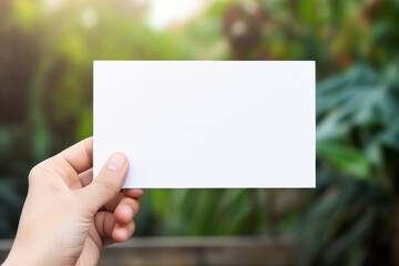 Hand Holding Blank Horizontal White Card Mockup with Nature Background, Empty Paper Poster Template, Perfect for Invitations, Greetings Product Presentation. Generative AI