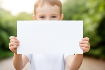 Kid's Hands Holding Blank Horizontal White Card Mockup with Nature Background, Empty Paper Poster Template, Perfect for Invitations, Greetings Product Presentation. Generative AI