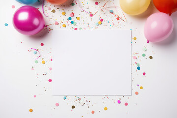 Blank Horizontal White Card Mockup with Party Balloons and Confetti, Empty Paper Template, Perfect for Invitations and Greetings Product Presentation. Generative AI