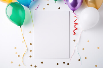 Blank Vertical White Card Mockup with Party Balloons and Confetti, Empty Paper Template, Perfect for Invitations and Greetings Product Presentation. Generative AI