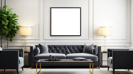 Large Blank Square White Framed Poster Mockup on Living Room Wall, Modern Minimalist Interior Design Style, Cozy Elegant Decoration. Generative AI
