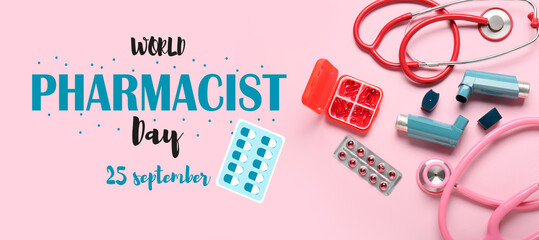 Banner for World Pharmacist Day with pills, asthma inhalers and stethoscopes