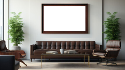 Large Blank Horizontal White Framed Poster Mockup on Living Room Wall, Modern Minimalist Interior Design Style, Cozy Decoration. Generative AI