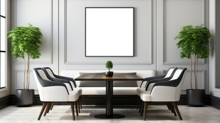 Large Blank Square White Framed Poster Mockup on Office Meeting Room Wall, Modern Minimalist Interior Design Style, Elegant Decoration. Generative AI
