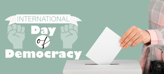 Banner for International Day of Democracy with voting woman