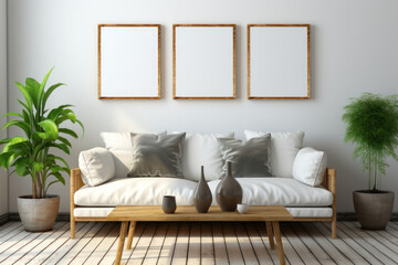 Three Small Blank Vertical White Framed Poster Mockup on Living Room Wall, Modern Minimalist Interior Design Style, Cozy Decoration. Generative AI