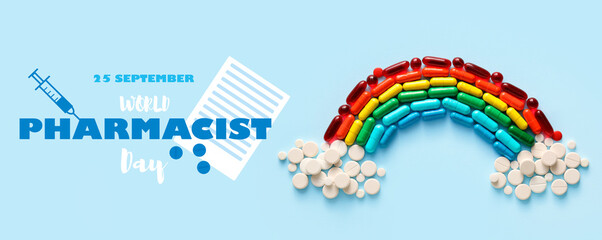 Fototapeta premium Rainbow made of pills and capsules on color background