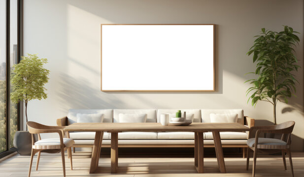 Large Blank Horizontal White Framed Poster Mockup on Living Room Wall, Modern Minimalist Interior Design Style, Cozy Decoration. Generative AI