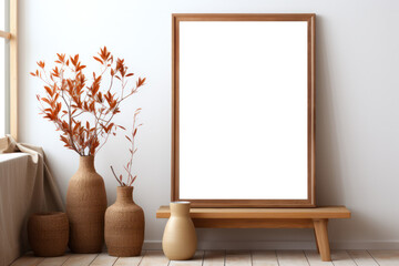 Close up Large Blank Vertical White Framed Poster Mockup on Wooden Desk, Modern Minimalist Interior Design Style, Cozy Decoration. Generative AI