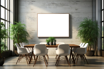 Large Blank Horizontal White Framed Poster Mockup on Office Meeting Room Wall, Modern Minimalist Interior Design Style, Cozy Decoration. Generative AI