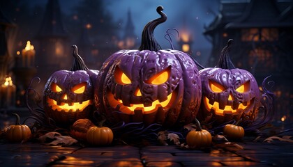 Group of 3D illustration glowing pumpkin on treat or trick fantasy fun party celebration purple background design