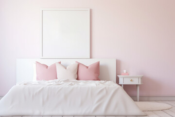 Fototapeta na wymiar Large Blank Square White Framed Poster Mockup on Girl BedRoom Wall, Modern Minimalist Interior Design Style, Pink Tones Decoration. Generative AI